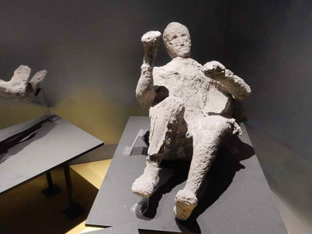 VI.17.42, Pompeii. Victim 50. May 2018. 
Plaster cast of man found in the corridor leading to the garden area. Photo courtesy of Buzz Ferebee.
According to Estelle Lazer, it is not possible to make a reliable attribution of sex to this individual from two features of the skull. The orbital margin and supraorbital ridge did not provide consistent information about the sex of this person. The only available feature for estimating age-at-death was the dentition, which suggests a younger adult.
See Lazer E., et al. 2020. Inside the Casts of the Pompeian Victims: Results from the First Season of the Pompeii Cast Project In 2015. Papers of the British School at Rome.
Victim 50 is a male aged over 20 years old.
Imprints of a draped robe are visible on the abdomen, arms and legs.
The body was found under staircase 30 of the Casa dell Bracciale d’Oro between the 3rd and 6th of June 1974.
See Osanna, N., Capurso, A., e Masseroli, S. M., 2021. I Calchi di Pompei da Giuseppe Fiorelli ad oggi: Studi e Ricerche del PAP 46, p. 436-8, Calco n. 50.