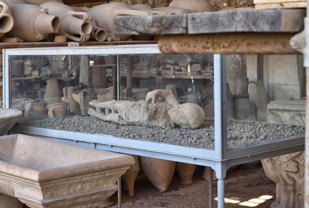 VII.7.29 Pompeii. April 2018. Items on display, as well as plaster-cast in display case of child found in VI.17.42. Photo courtesy of Ian Lycett-King. Use is subject to Creative Commons Attribution-NonCommercial License v.4 International.