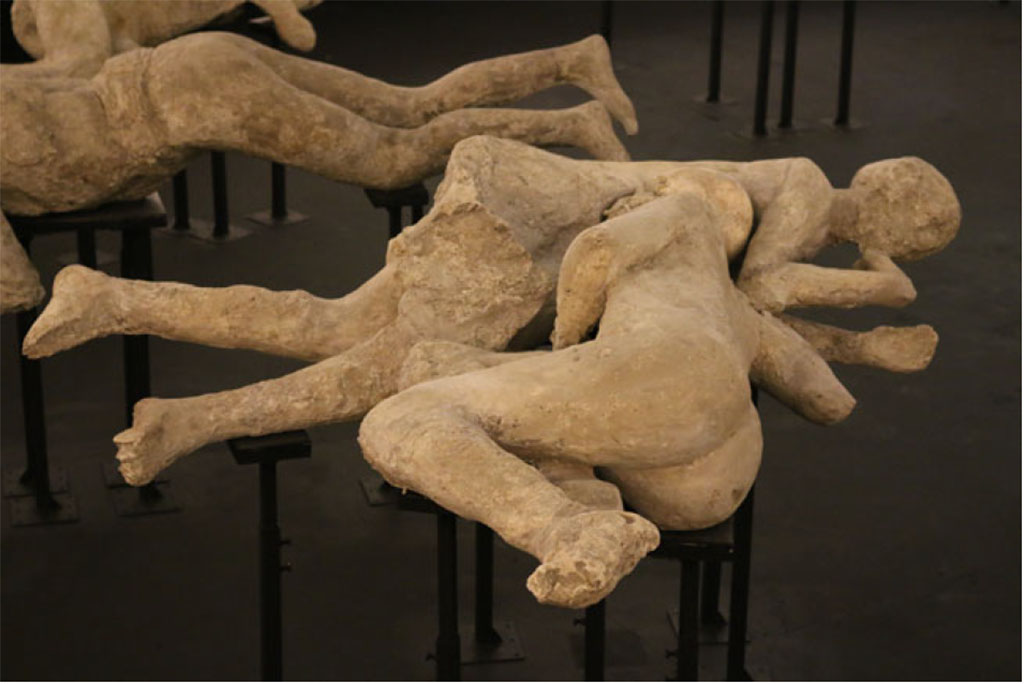 I.6.2 Pompeii. Victims 21 (rear) and 22 (front). 2015. Photo courtesy of Estelle Lazer.
According to Estelle Lazer, Cast Numbers 21 and 22 were embracing but, as they were cast separately, they could enter the gantry of the CT scanner individually. 
These two victims have variously been interpreted as two lovers or two women, sometimes as sisters or as a mother and daughter. 
The preliminary results of DNA analysis of skeletal samples from these casts indicate that they were two unrelated males.
Victim 21 has an age estimation of fourteen to sixteen years if the victim is a female, and fourteen to nineteen years if the victim is male.
Victim 22 must have been at least seventeen to eighteen years of age and the dentition suggested that this might be a younger adult as the surviving third molars had not erupted.
See Lazer E., et al. 2020. Inside the Casts of the Pompeian Victims: Results from the First Season of the Pompeii Cast Project In 2015. Papers of the British School at Rome.