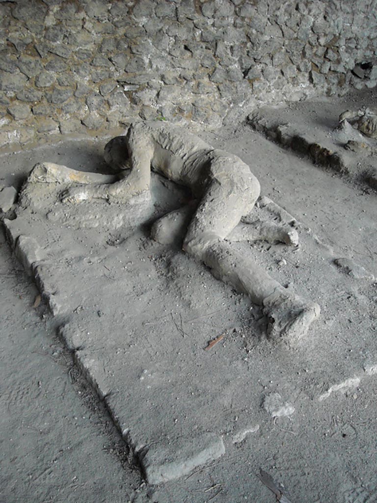 Victim 32. Pompeii, outside Porta Nocera.
Front view of plaster cast of remains of a third fleeing victim found 16th March 1957.