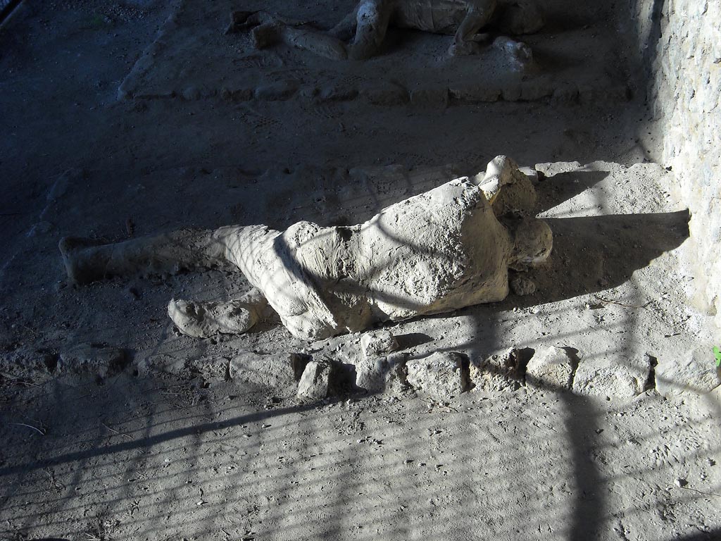 Victim 32. Pompeii, outside Porta Nocera.
Rear view of plaster cast of remains of a third fleeing victim found 16th March 1957.
