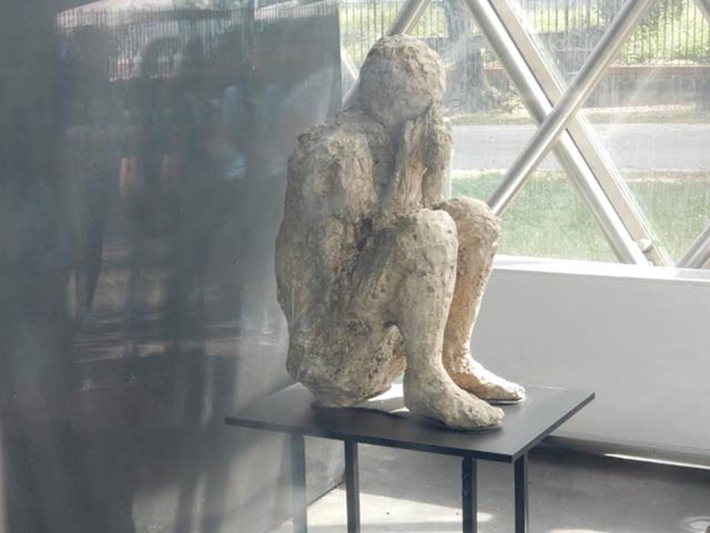 Victim 28. Found in the Palestra, II.7.1 c.1935-1939. May 2018. Cast described as "The Crouching Man" or "The Muleteer".
Plaster-cast of victim found near the latrine of the Palaestra, perhaps, as portrayed here, found crouching on the ground with his back against the wall of the east end of the south portico. 
Photo courtesy of Buzz Ferebee.
However, when this body was cast, he was found to be tipped forwards, huddled up and bent double on his knees, when restored he was placed in this position. 
See Stefani, G. (2010). The Casts, exhibition at Boscoreale Antiquarium, 2010. (p.10).
The victim is a male, adult of over 20 years of age.
Near the victim was found a bronze caldaia, a casseruola and a colatoio in bronze stuck together and an iron trident, similar to the armament of a retiarius.
Near the door of the latrine were found two strigili and a bronze vase.
Just east of the latrine door were found parts of a cisium, a two-wheeled carriage of which a cast was made
See Osanna, N., Capurso, A., e Masseroli, S. M., 2021. I Calchi di Pompei da Giuseppe Fiorelli ad oggi: Studi e Ricerche del PAP 46, p. 384-6, Calco 28.