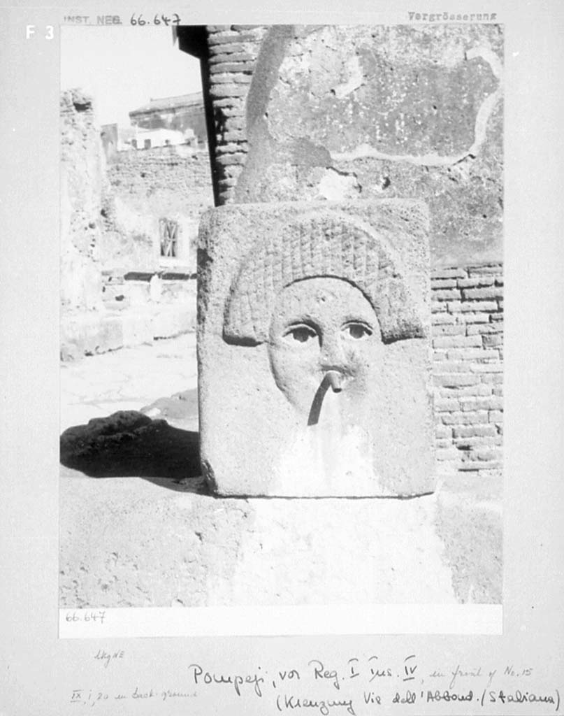 Fountain outside I.4.15 on Via Stabiana, Pompeii. Fountain head with comedy mask.
DAIR 66.647. Photo © Deutsches Archäologisches Institut, Abteilung Rom, Arkiv.