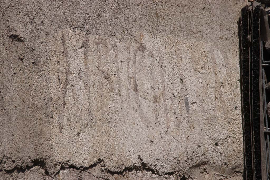 V.8, Pompeii. September 2021. 
Looking north towards painted ALBUCIUM graffiti on east end of south wall near the street shrine, on north side of Vicolo delle Nozze d’Argento. 
Photo courtesy of Klaus Heese.