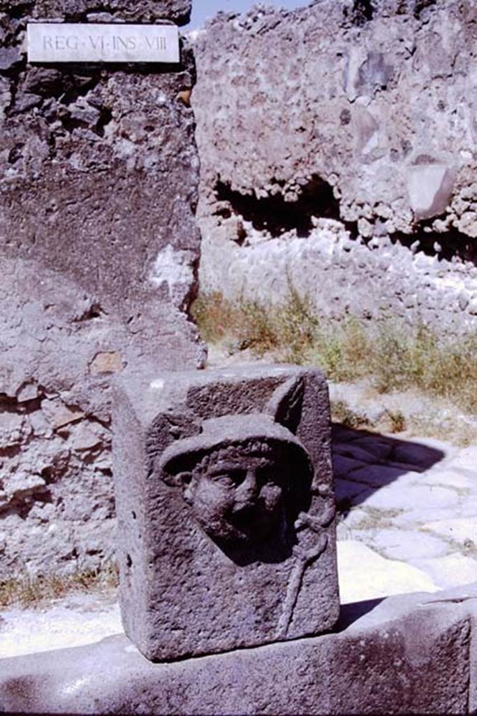 Fountain of Mercury at VI.8.24, Pompeii. 1968. Relief of Mercury, looking west. Photo by Stanley A. Jashemski.
Source: The Wilhelmina and Stanley A. Jashemski archive in the University of Maryland Library, Special Collections (See collection page) and made available under the Creative Commons Attribution-Non Commercial License v.4. See Licence and use details.
J68f0696