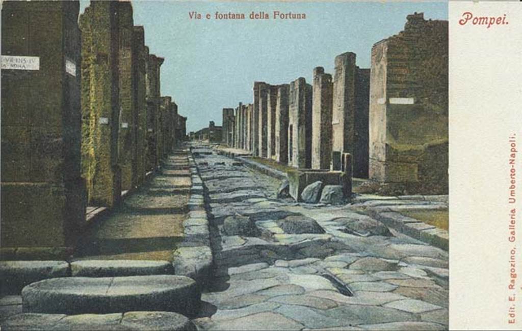 Fountain outside VI.13.7. Via della Fortuna between VII.4 and VI.13. 19th century postcard. Looking west towards fountain and junction with Vicolo dei Vettii, from Vicolo Storto. Photo courtesy of Rick Bauer.