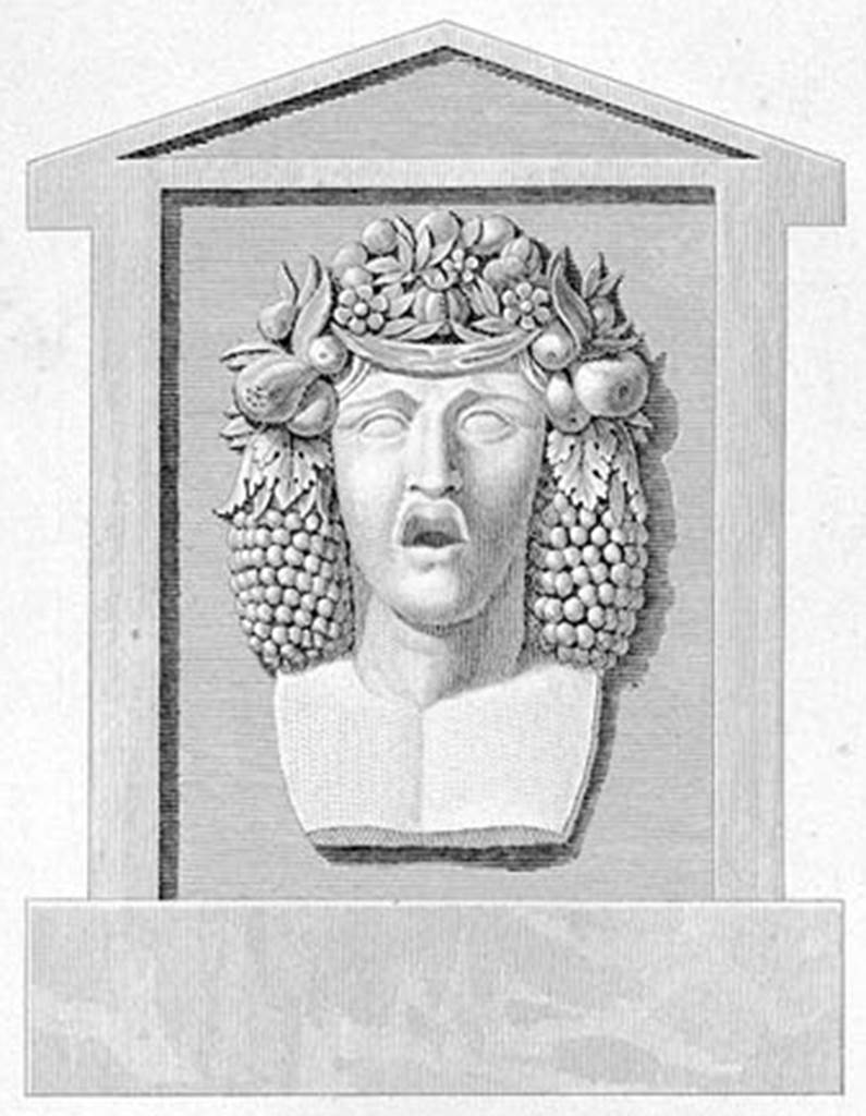 About 1810. Drawing by Mazois of fountain head of Bacchus, or a God of the countryside and crossroads. See Mazois, F., 1824. Les Ruines de Pompei: Second Partie. Paris: Firmin Didot. (p. 37, Pl. III Fig. II). According to Eschebach, during the earliest excavations in 1755, near the Street of the Graves, a representation of the god Vertumnus or Bacchus was found, in the form of a fountain profile, which fits the character of this residential area. 
This fountain in the form of a pilaster was discovered in VI. Ins. Occ. Via Consolare, see Mazois. Eschebach commented “this permits no conclusions on the shape of the well basin”.
See Eschebach, H., 1983. Pompeii, Herculaneum, Stabiae; Bollettino dell’ Associazione Internazionale Amici di Pompei 1. (pp. 15, 25, 26: Fig 33). This may, or may not, be the fountain from this site, see also the fountain description at II.3.5.