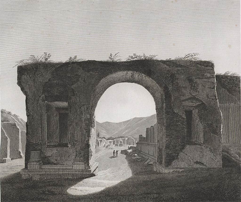 Fountain in arch at north-east corner of Forum. 1829 drawing of arch and fountain by Mazois. Looking south.
See Mazois, F., 1829. Les Ruines de Pompei: Troisième Partie. Paris: Didot Frères, pl XLI fig.1.