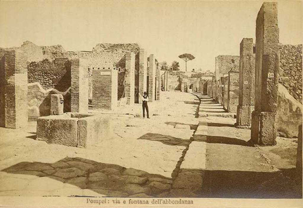 Fountain outside VII.14.13 and VII.14.14 on Via dell’Abbondanza. C.1880s. Looking east from near fountain.
In the distance is the “as-yet-unexcavated” area near Holconius crossroads. Photo courtesy of Rick Bauer.