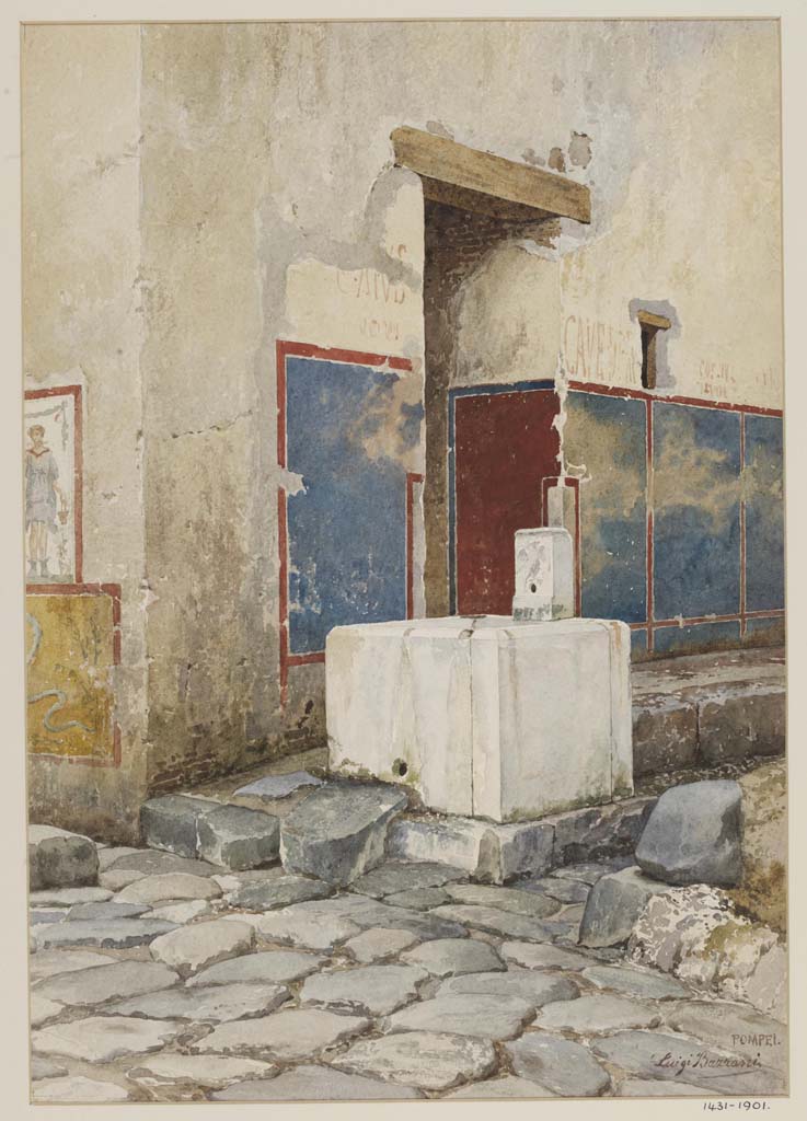 VII.15.1 Pompeii. Undated watercolour by Luigi Bazzani.
Entrance doorway behind fountain in Vicolo del Gallo, in centre.
Photo © Victoria and Albert Museum. Inventory number 1431-1901.