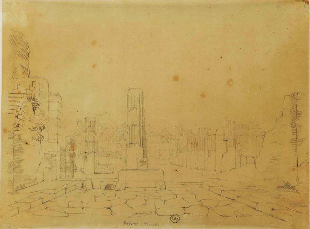 Via delle Scuole, Pompeii. Sketch, looking north towards fountain and Forum, from north end of Via delle Scuole.
See Lesueur, Jean-Baptiste Ciceron. Voyage en Italie de Jean-Baptiste Ciceron Lesueur (1794-1883), pl. 74.
See Book on INHA reference INHA NUM PC 15469 (04)  « Licence Ouverte / Open Licence » Etalab