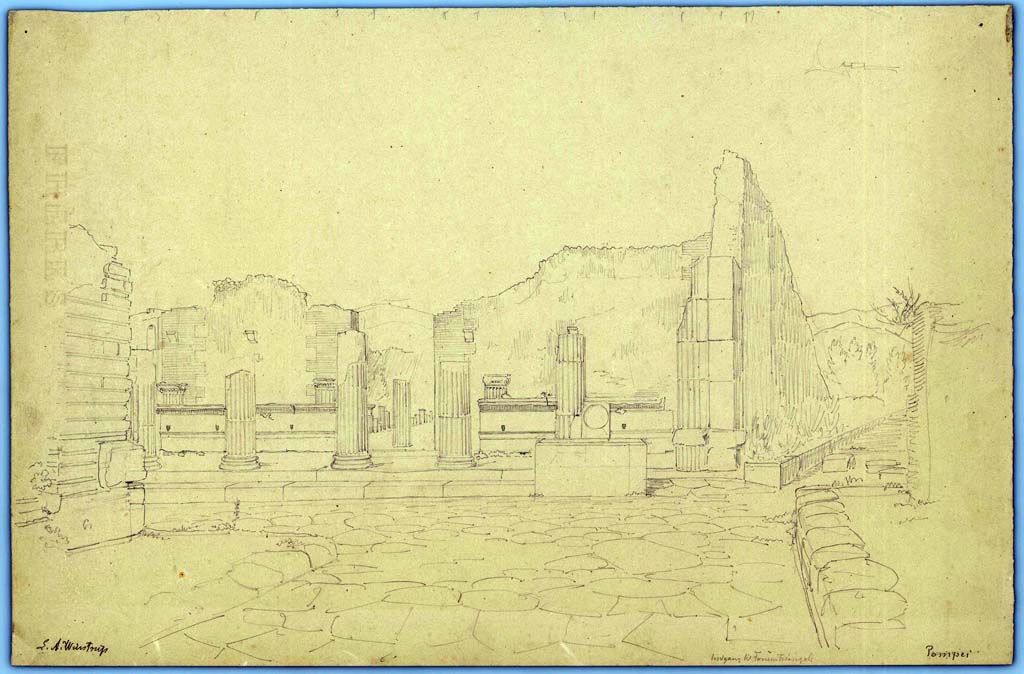 Fountain outside VIII.7.30 Pompeii. 1849. Drawing by Laurits Albert Winstrup. 
Looking south in Via dei Teatri, towards fountain and entrance to Triangular Forum.
Photo © Danmarks Kunstbibliotek, inventory number ark_6092.