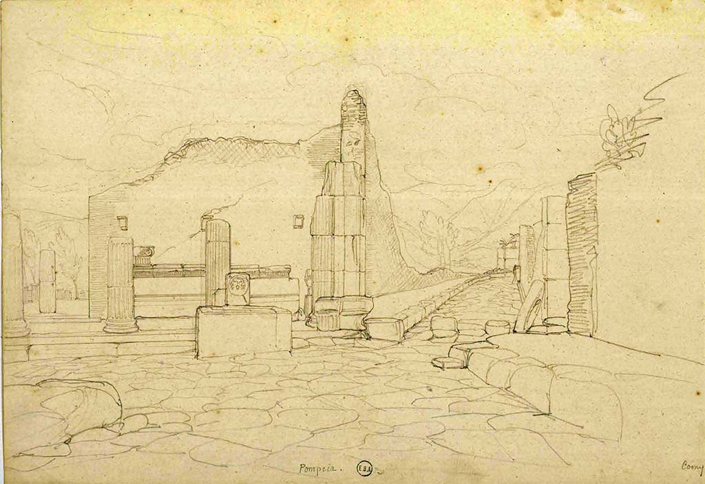 Fountain outside VIII.7.30 Pompeii. 1823? Sketch by Lesueur, looking south in Via dei Teatri towards fountain and entrance to Triangular Forum.
See Lesueur, Jean-Baptiste Ciceron. Voyage en Italie de Jean-Baptiste Ciceron Lesueur (1794-1883), pl. 72.
See Book on INHA reference INHA NUM PC 15469 (04)  « Licence Ouverte / Open Licence » Etalab