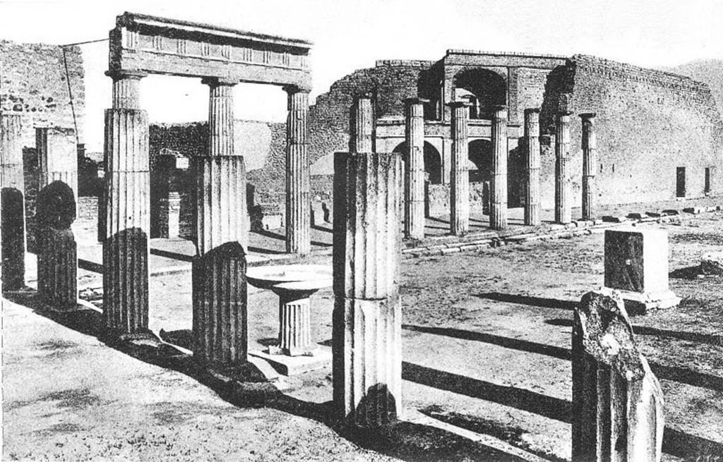 Fountain on Triangular Forum. Old postcard date unknown. The labrum is in position and the columns have been restored.
Triangular Forum east side with theatre in background. Photo courtesy of Rick Bauer.