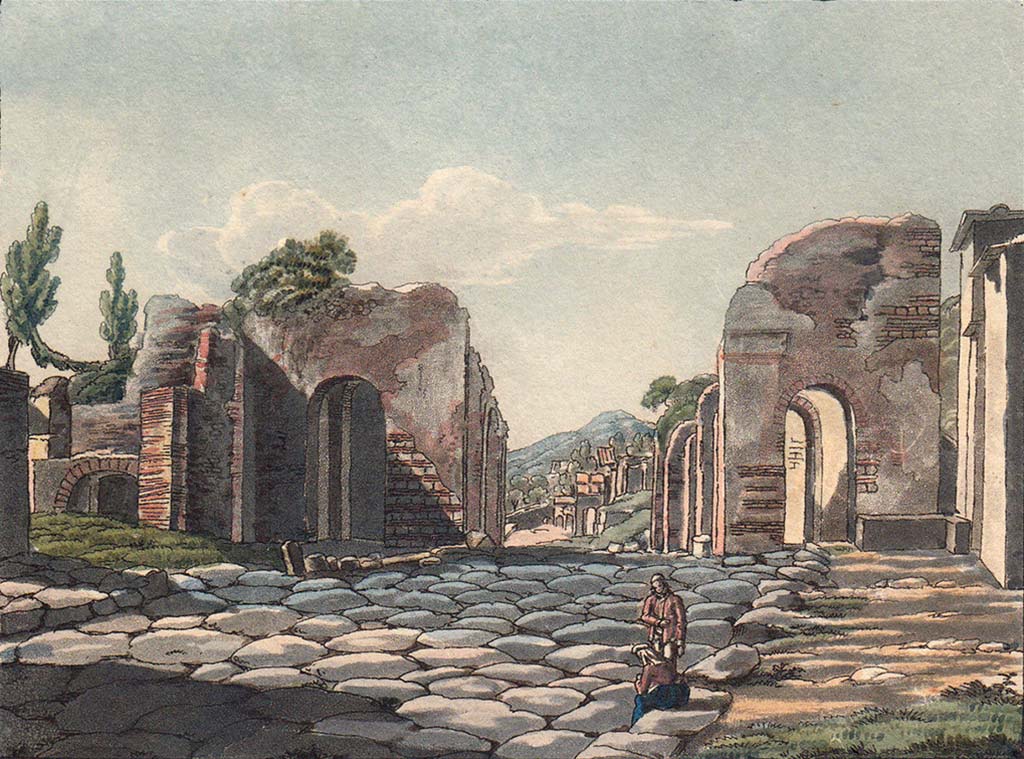 Porta Ercolano or Herculaneum Gate, Pompeii. Pre-1824 aquatint “Porte de la Ville dite Herculana” by Jakob Wilhelm Huber (1787-1871).
Looking north to Gate, with VI.17.1, on left.