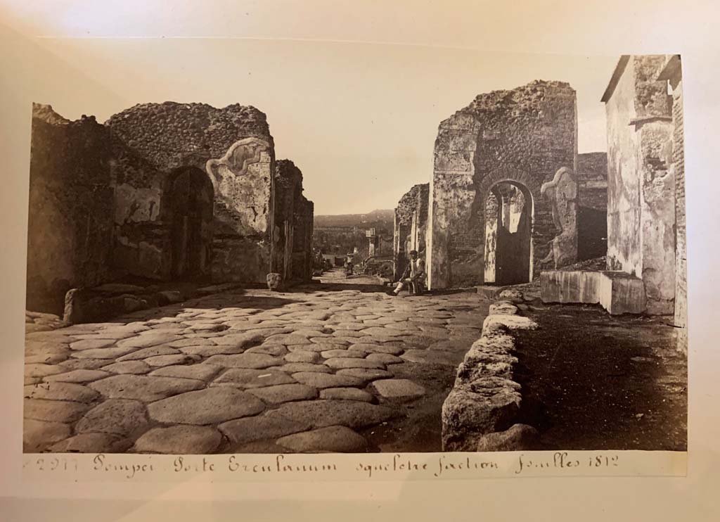 Porta Ercolano or Herculaneum Gate. 
From an album of Michele Amodio dated 1874, entitled “Pompei, destroyed on 23 November 79, discovered in 1745”. 
Looking north through gate. Photo courtesy of Rick Bauer.
