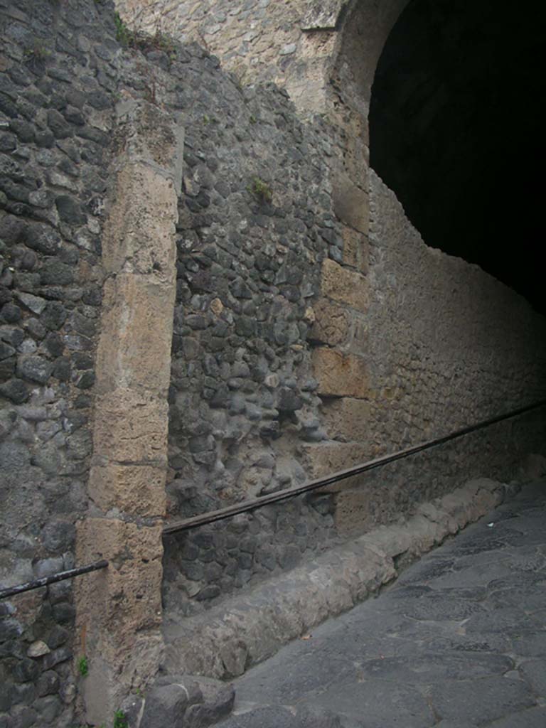 Porta Marina, Pompeii. May 2011. 
Looking east along north wall of wider tunnel into gate. Photo courtesy of Ivo van der Graaff.