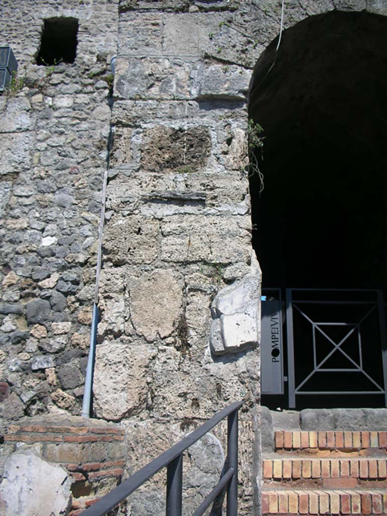 Porta Marina, Pompeii. May 2011. 
Pilaster on left (north) side of pedestrian gate. Photo courtesy of Ivo van der Graaff.
