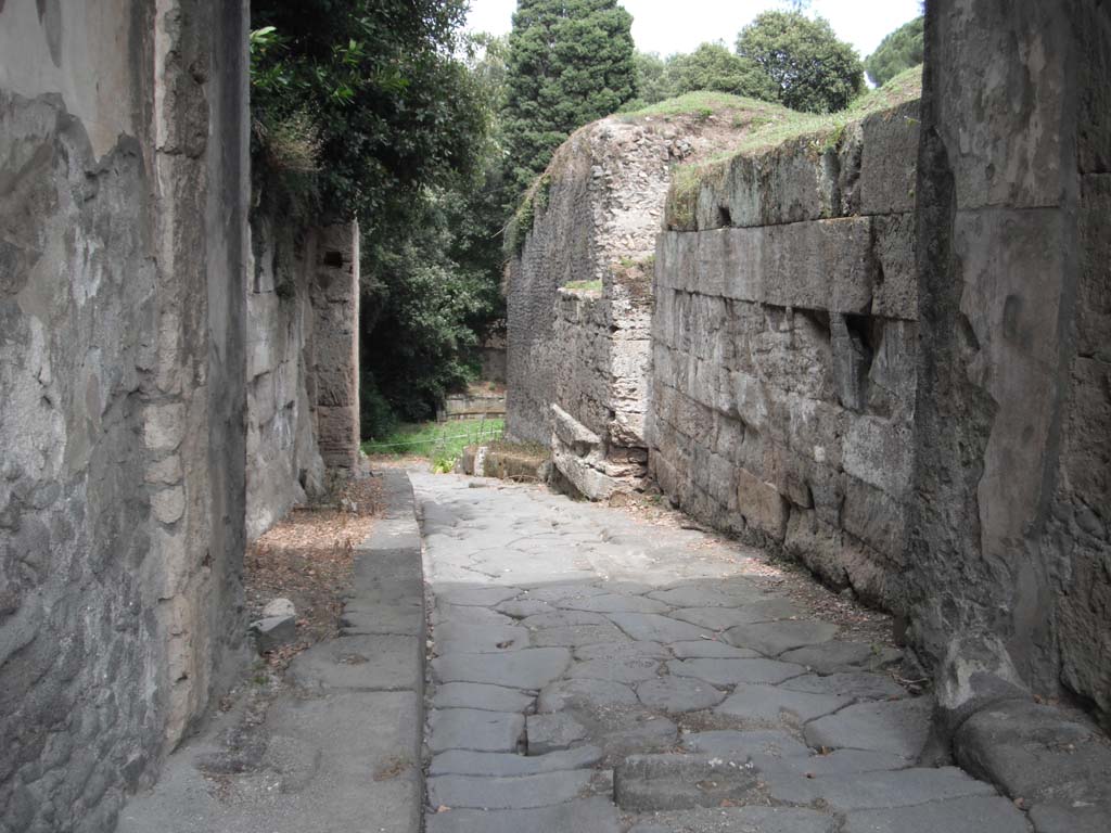 Nola Gate, Pompeii. June 2012. Looking east through gate. Photo courtesy of Ivo van der Graaff.
According to Van der Graaff –
“In its current layout, the gate includes outer travertine bastions, a tuff gate court, and a vault built in opus incertum. 
Maiuri proposed that the tuff blocks embedded in the opus incertum masonry, along with the protome of Minerva that acts as a keystone of the arch, are the relics of the earlier vault. The protome in particular is a would-be example of re-use for purposes of cult continuity or nostalgia (Note 62). 
When it comes to the vault, much of this theory is highly debatable: any evidence for the substitution of a previous vault is completely lacking (Note 63).”
See Van der Graaff, I. (2018). The Fortifications of Pompeii and Ancient Italy. Routledge, (p.58).