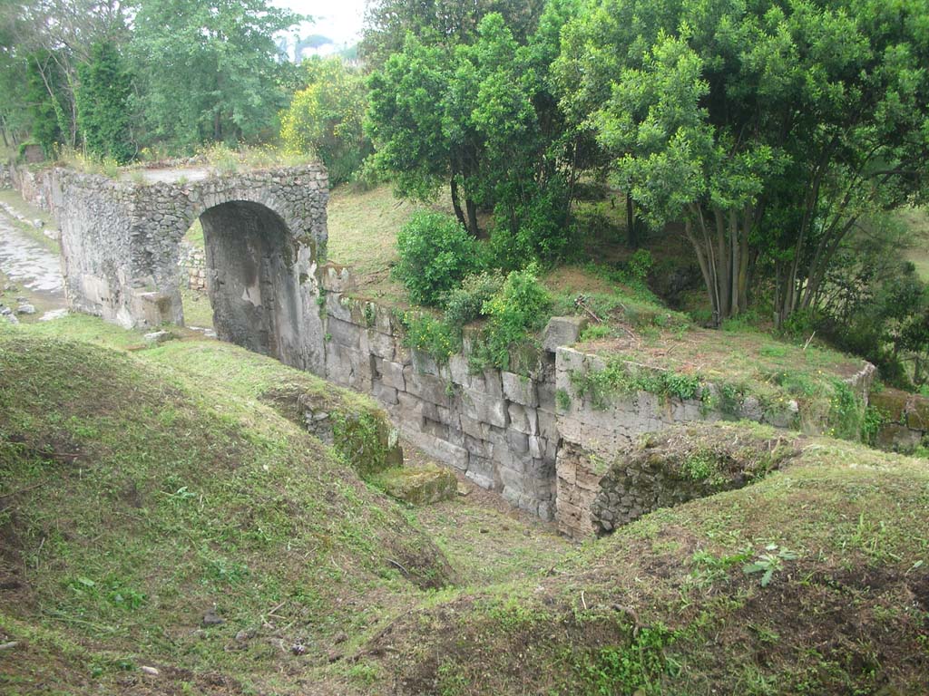 Nola Gate, Pompeii. May 2010. 
Looking north-west across area of gate, from east end of upper south wall. Photo courtesy of Ivo van der Graaff.