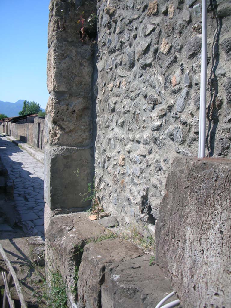 Porta di Nocera or Nuceria Gate, Pompeii. May 2010. 
Looking north along west exterior wall of gate. Photo courtesy of Ivo van der Graaff.