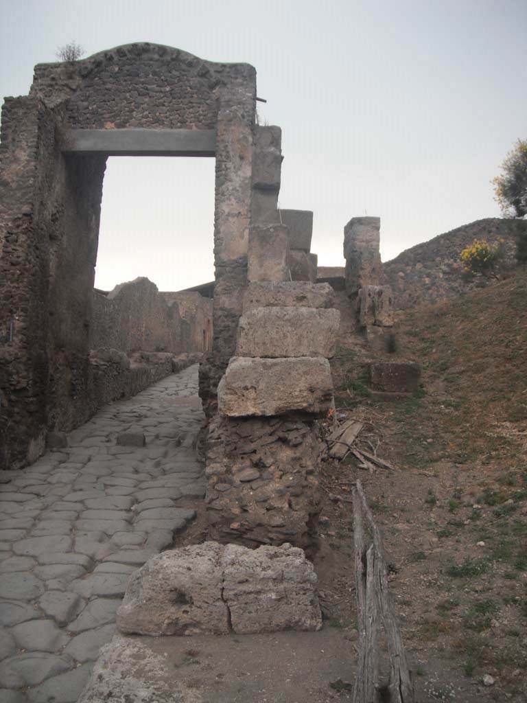 Porta di Nocera or Nuceria Gate, Pompeii. May 2011. 
Looking north along wall on east side of gate. Photo courtesy of Ivo van der Graaff.