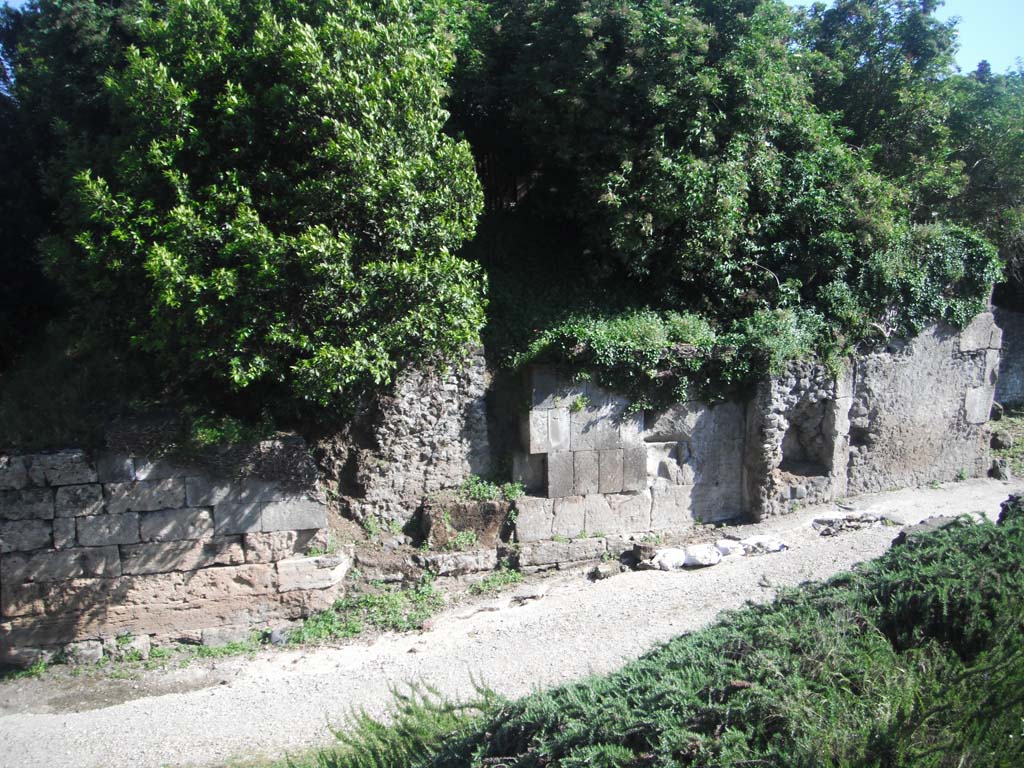 Porta di Sarno or Sarnus Gate. June 2012. 
Looking towards interior south wall of Gate towards west end. Photo courtesy of Ivo van der Graaff.
According to Van der Graaff –
“Behind the gate court are the remains of the opus incertum vault. 
A hole in the concrete masonry reveals that part of the gate court masonry continues behind the vault, indicating that the arch is a later addition. 
The development of the gate remains elusive. However, given its position on the Via dell’Abbondanza, it must have been part of the original Samnite circuit. The masonry indicates that the Porta Sarno followed a similar development to the other gates, including the completion of the monumental tripartite layout.”
See Van der Graaff, I. (2018). The Fortifications of Pompeii and Ancient Italy. Routledge, (p.62).