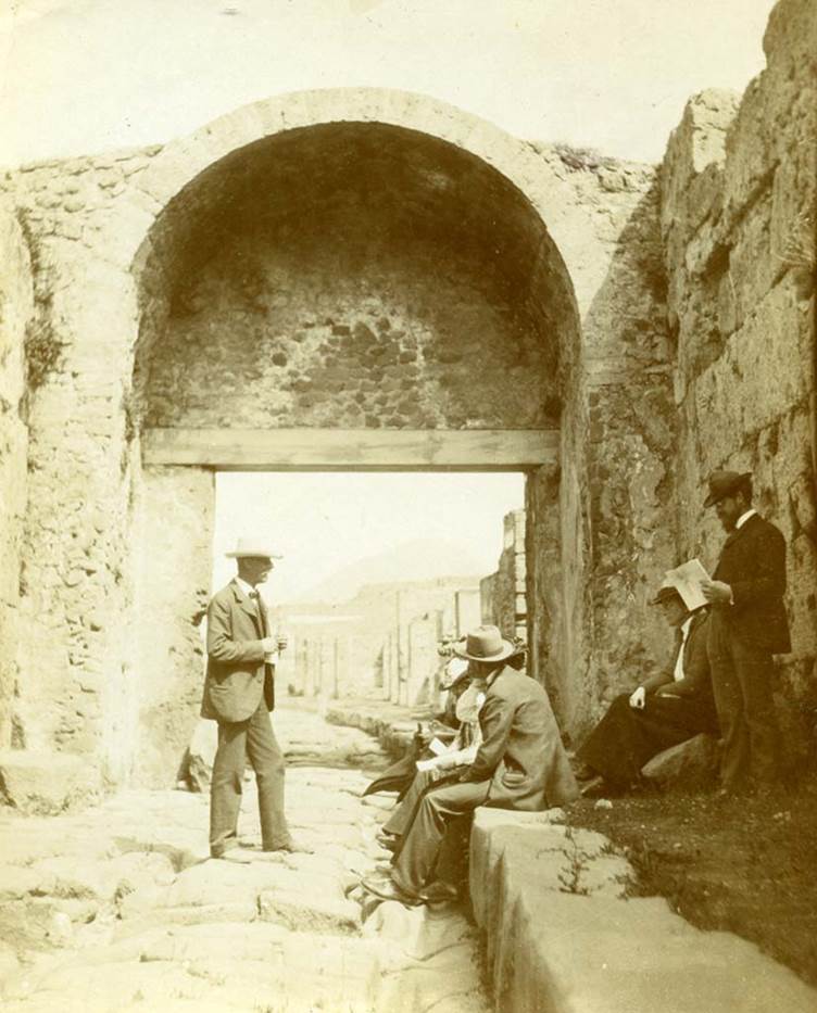 Pompeii Stabian Gate. 1903. 
Looking north through gate towards Via Stabiana, whilst Fellows of American School of Classical Studies sit. 
Photo by Esther Boise Van Deman © American Academy in Rome. VD_Archive_Ph_229.