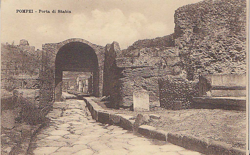 Pompeii Porta di Stabia or Stabian Gate. About 1900. Looking north through gate from outside the city. 
The north end of the schola tomb of Marcus Tullius can be seen on the right. Photo courtesy of Drew Baker.