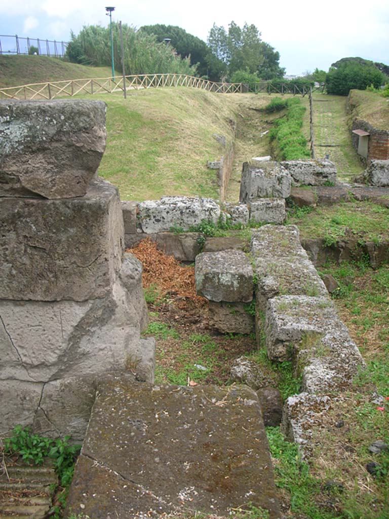 Vesuvian Gate Pompeii. May 2010. 
Looking east along south wall of tower area. Photo courtesy of Ivo van der Graaff.