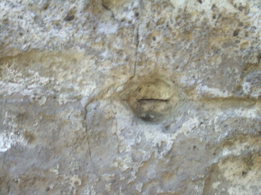 Vesuvian Gate Pompeii. May 2006. Wall to left of Tower X showing impact by war machines used by Sulla.