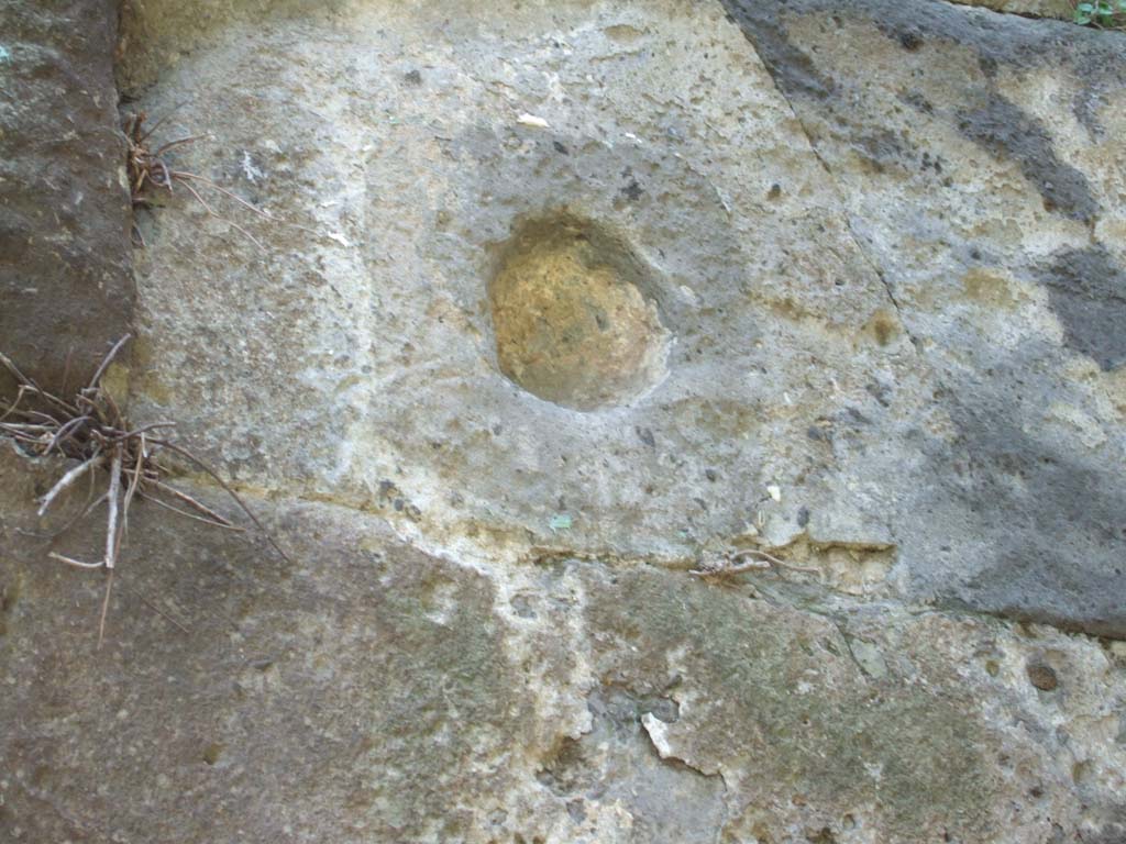 Vesuvian Gate Pompeii. May 2006. Wall to left of Tower X showing impact by war machines used by Sulla.