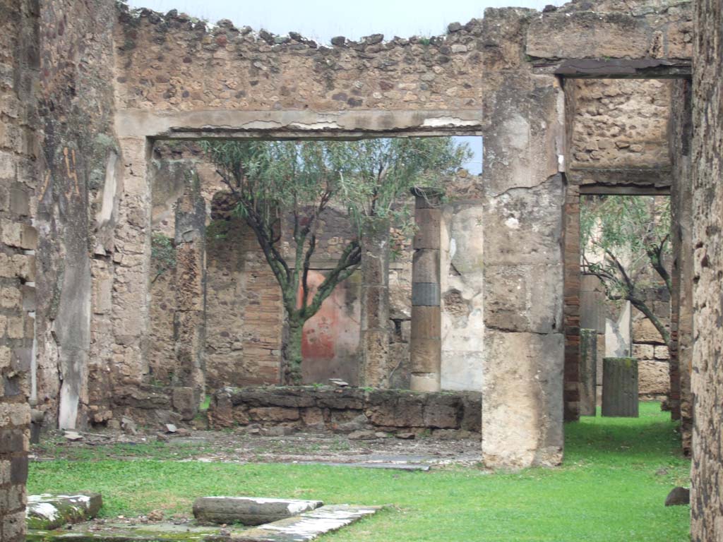 VII.7.2 Pompeii. December 2005. Looking north-west across impluvium “g” in atrium towards tablinum “k” and peristyle “x”.
According to Boyce, near the west end of the open court of the peristyle stood a masonry altar.
It was coated with white stucco, decorated with painted red and yellow flowers.
See Boyce G. K., 1937. Corpus of the Lararia of Pompeii. Rome: MAAR 14. (p/68, no.295 and Pl.39,1) 
According to Jashemski, the peristyle garden at the rear of the tablinum was enclosed by a portico on the east, and most of the north and south sides.
It was supported on both the north and south sides by three columns and one engaged column.
An altar, decorated with crudely painted flowers, stood in the north-west part of the garden.
16 terracotta lamps were found in the portico.
The windowed tablinum, the oecus on the south, and the exedra on the north, had views into the garden.
The adjoining house, through a wide window in its large triclinium, also had a fine view into this garden.
See Jashemski, W. F., 1993. The Gardens of Pompeii, Volume II: Appendices. New York: Caratzas. (p.186 and fig 218, peristyle with painted altar).