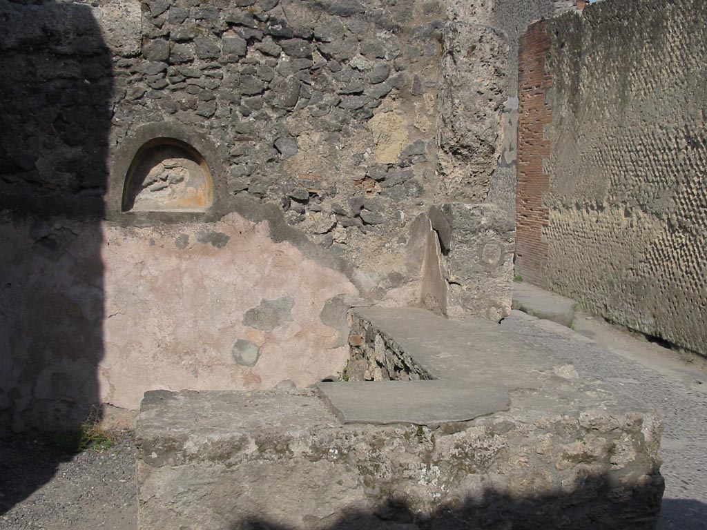 VII.7.11 Pompeii. May 2003. Looking across counter towards east wall with niche. Photo courtesy of Nicolas Monteix.
According to Boyce –
In the east wall is an arched niche (h.0.42, w.0.52, d.0.17, h. above floor 1.37), its inside walls coated with yellow stucco.
See Boyce G. K., 1937. Corpus of the Lararia of Pompeii. Rome: MAAR 14. (p.68, no.298)