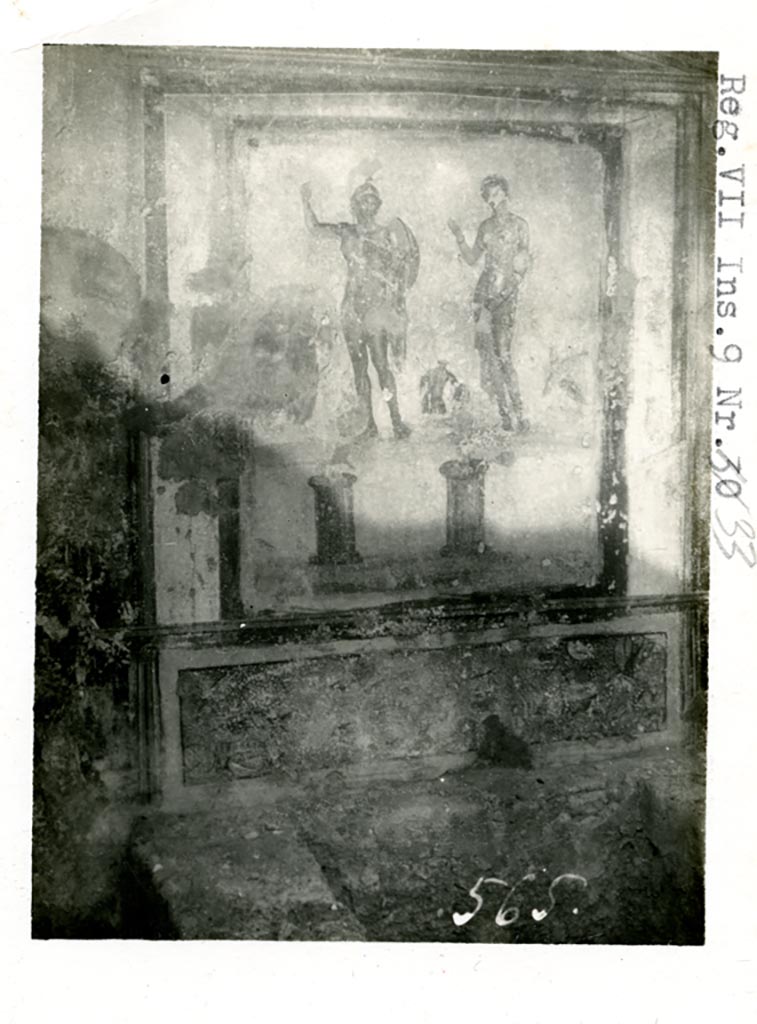 VII.9.33 Pompeii. Pre-1937-39. 
Lararium painting of Mars and Venus standing side by side, from west wall.
Photo courtesy of American Academy in Rome, Photographic Archive. Warsher collection no. 565.