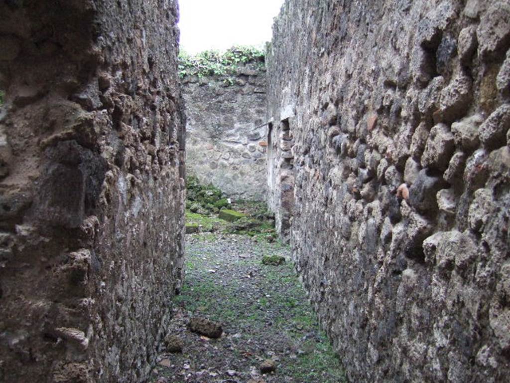 VII.10.3 Pompeii. December 2005. Corridor 18, looking south into room 19, the kitchen.
Directly ahead, in the south-west corner of the kitchen, was a small separate latrine. According to Boyce, in the kitchen was a lararium painting upon a white background, depicting Fortuna. In her left hand she held a rudder, her right hand extended above a globe which lay at her feet. The painting was incomplete, for on the right side the stucco showed that at least one more figure was to have been added.
Helbig 74.
See Boyce G. K., 1937. Corpus of the Lararia of Pompeii. Rome: MAAR 14. (p.69, no.308) 
According to Amoroso, from these service rooms, it was possible to exit the house in the direction of the Vicolo degli Scheletri, without entering the main house. The east wall of the kitchen was enriched with the remains of the lararium, the figure of a divinity could be seen, but today is not visible. 
Studi della Soprintendenza archeologica di Pompei, 22: l”Insula VII, 10 di Pompei, by Angelo Amoroso, (p.77)