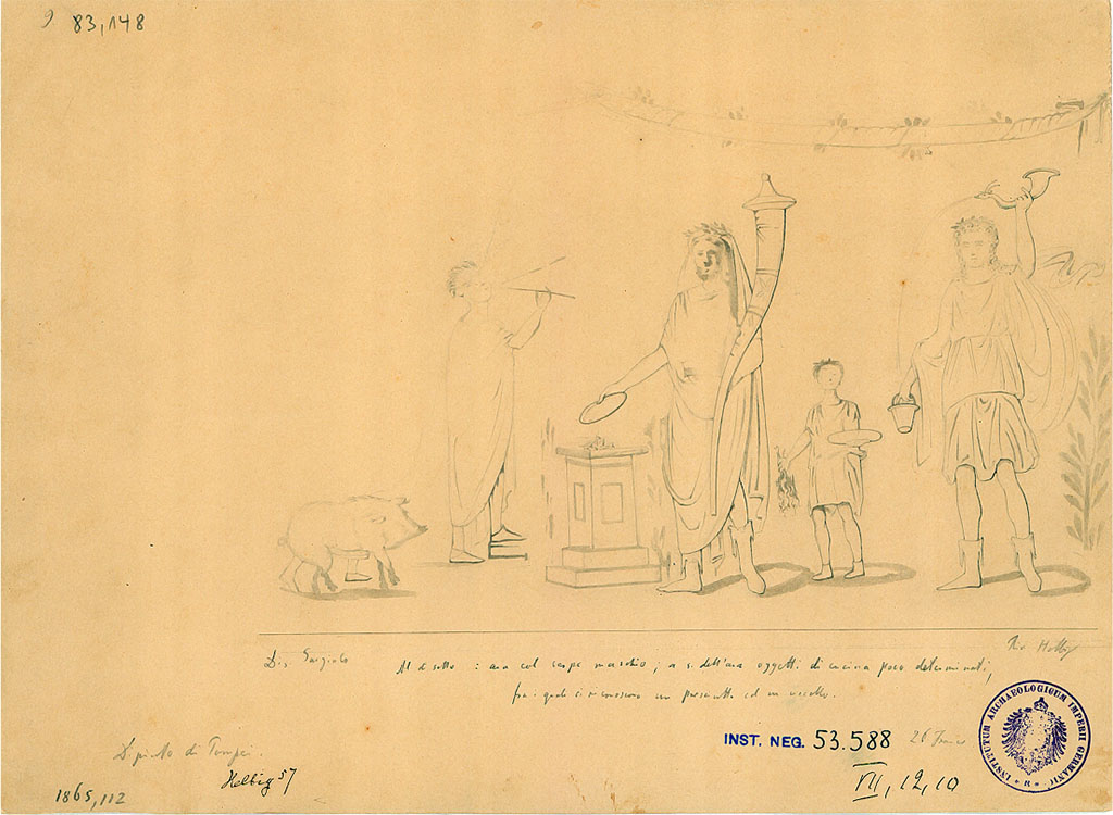 VII.12.10 Pompeii. 1865 drawing by Gargiulo of lararium painting found April 1863 on the west wall of the kitchen above the hearth.
The note on the drawing says: 
Al di sotto: ara col serpe maschio; a s. dell'ara oggetti di cucina poco determinati, fra i quali si riconoscono un prosciutto ed un uccello.
Below: altar with male snake; to the side of the altar not very determined kitchen objects, among which we recognize a ham and a bird.
DAIR 83.148. Photo © Deutsches Archäologisches Institut, Abteilung Rom, Arkiv. 
According to Fröhlich, this drawing showed the upper zone.
According to Boyce, it depicted the usual sacrificial scene of the Genius assisted by the tibicen, popa and camillus.
The entire left side of the panel was missing.
Of the popa only one foot remained.
On each side of the central group was a Lar, of whom only the one on the right remained.
The Lar and the Genius were of the same stature.
See Boyce G. K., 1937. Corpus of the Lararia of Pompeii. Rome: MAAR 14. (p.70, no.314)
In the lower zone was a single male serpent beside an altar.
On the other side of the same altar various objects associated with the kitchen were shown.
Amongst them an eel, two hams and a bird could be distinguished.
See Fröhlich, T., 1991. Lararien und Fassadenbilder in den Vesuvstädten. Mainz: von Zabern. (L.90, Taf. 44,2)
According to BdI, 1864, the painting visible in the kitchen was found in April of the last year, and was described by Reifferscheid in AdI, 1863, p.123 item T. 
There was nothing to add other than the material that covered the chest of the Lares was blue, red that wrapped around the legs, falling to green, and white cloak. 
The left part of the painting was fallen and lost. The height of the painting was around I.32m.
See Bullettino dell’Instituto di Corrispondenza Archeologica (DAIR), 1864, p.115 (described as Casa III).