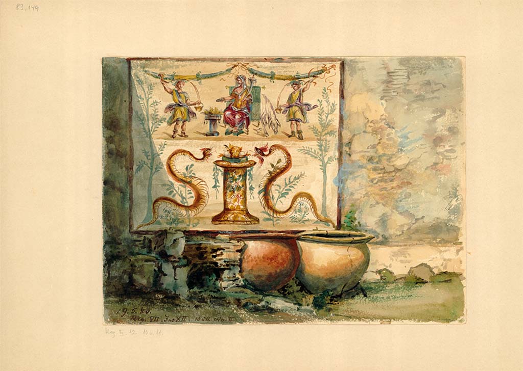 VII.12.11 Pompeii. 19th May 1880 or 1886? Lararium painting on west side of oven in bakery.
DAIR 83.149. Photo © Deutsches Archäologisches Institut, Abteilung Rom, Arkiv.
