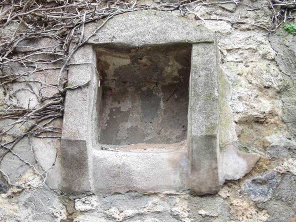 VII.14.5 Pompeii. March 2009. Room 18, niche in south wall of kitchen.
According to Boyce – 
in the large kitchen entered from the posticum at VII.14.19, high up on the south wall, was a square niche (0.36 square, d.0.32, h. above floor 2.20).
According to Fiorelli, this was “la piccola nicchia dei Penati”.
Boyce gave the reference - Fiorelli, Descr., 302.
See Boyce G. K., 1937. Corpus of the Lararia of Pompeii. Rome: MAAR 14. (p.71, no.327) 
See Giacobello, F., 2008. Larari Pompeiani: Iconografia e culto dei Lari in ambito domestico. Milano: LED Edizioni, (p.195, no.81)