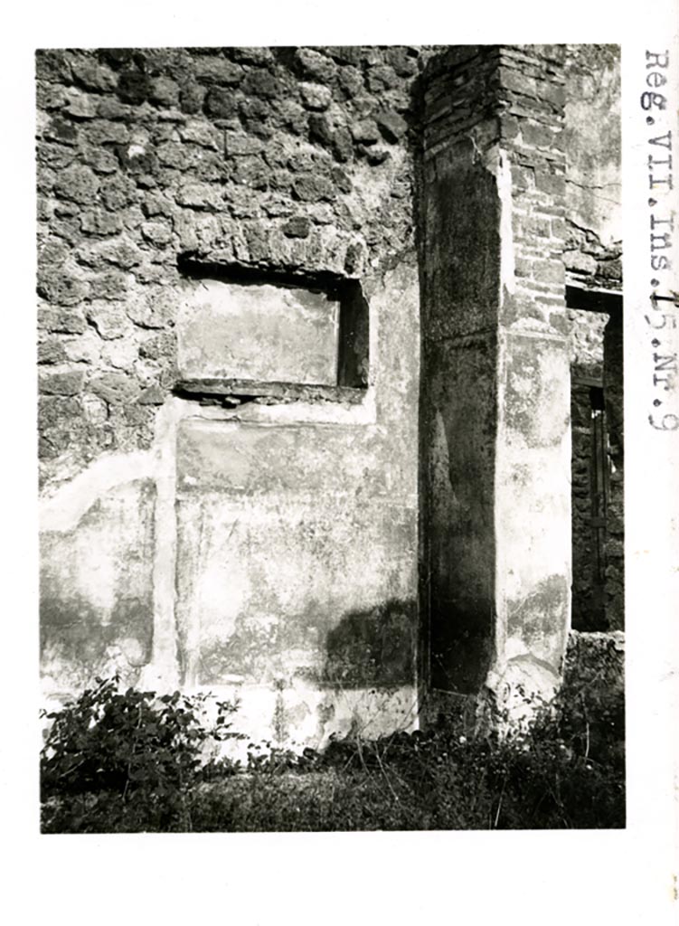 VII.15.12 Pompeii but shown as VII.15.9 on photo. Pre-1937-39. 
Looking towards rectangular niche in east wall of the atrium/or triclinium. 
The doorway, on the right, would be VII.15.11, the garden entrance.
Photo courtesy of American Academy in Rome, Photographic Archive. Warsher collection no. 1900