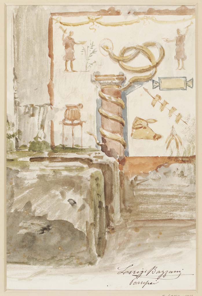 VII.15.13 Pompeii. 
Undated watercolour by Luigi Bazzani, a preliminary study of painted wall-decoration of the lararium in the kitchen.
Photo © Victoria and Albert Museum. Inventory number 2053-1900.