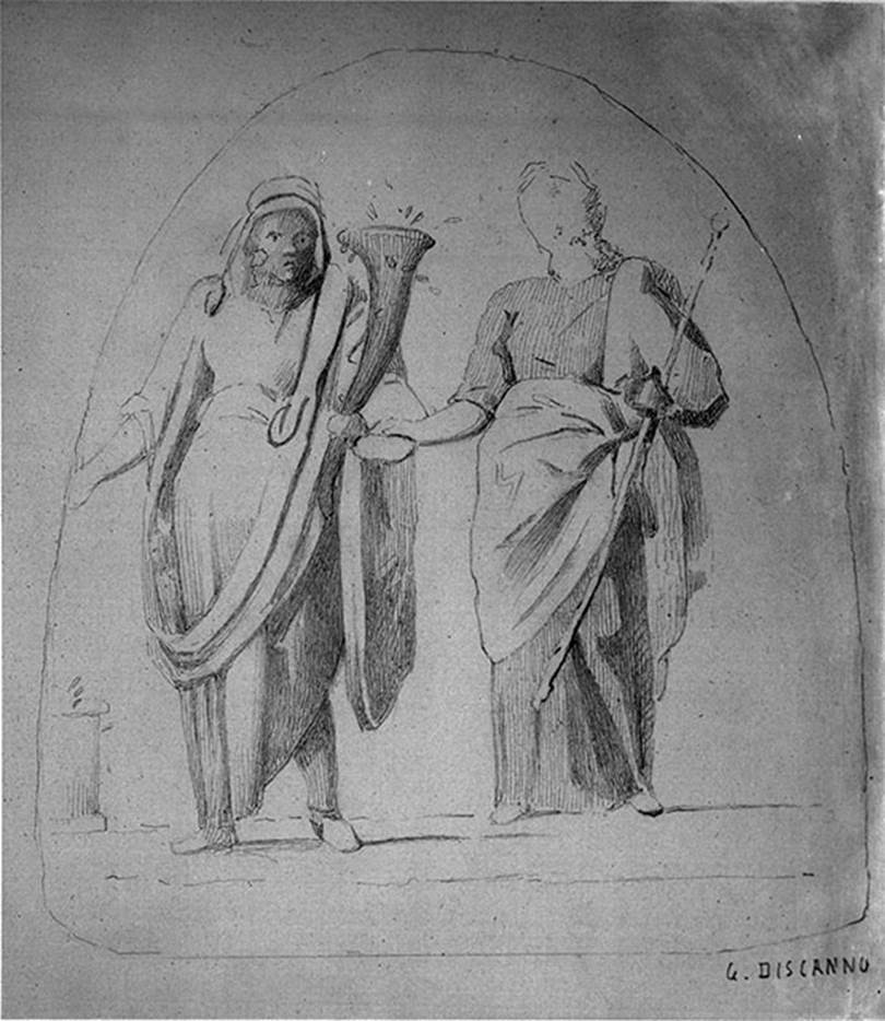 VIII.2.39 Pompeii. 19th century drawing by G. Discanno. Lararium niche in small room c, east wall.
DAIR 35.501. Photo © Deutsches Archäologisches Institut, Abteilung Rom, Arkiv. 
Genius with cornucopia extending his hand towards a round altar.
A woman, with blue chiton and yellow mantle and diadem on her head, holds a sceptre in her left hand and a patera in her right.
This is Juno, the female corresponding to the Genius.
See Carratelli, G. P., 1990-2003. Pompei: Pitture e Mosaici. Roma: Istituto della enciclopedia italiana, p. 314-5.