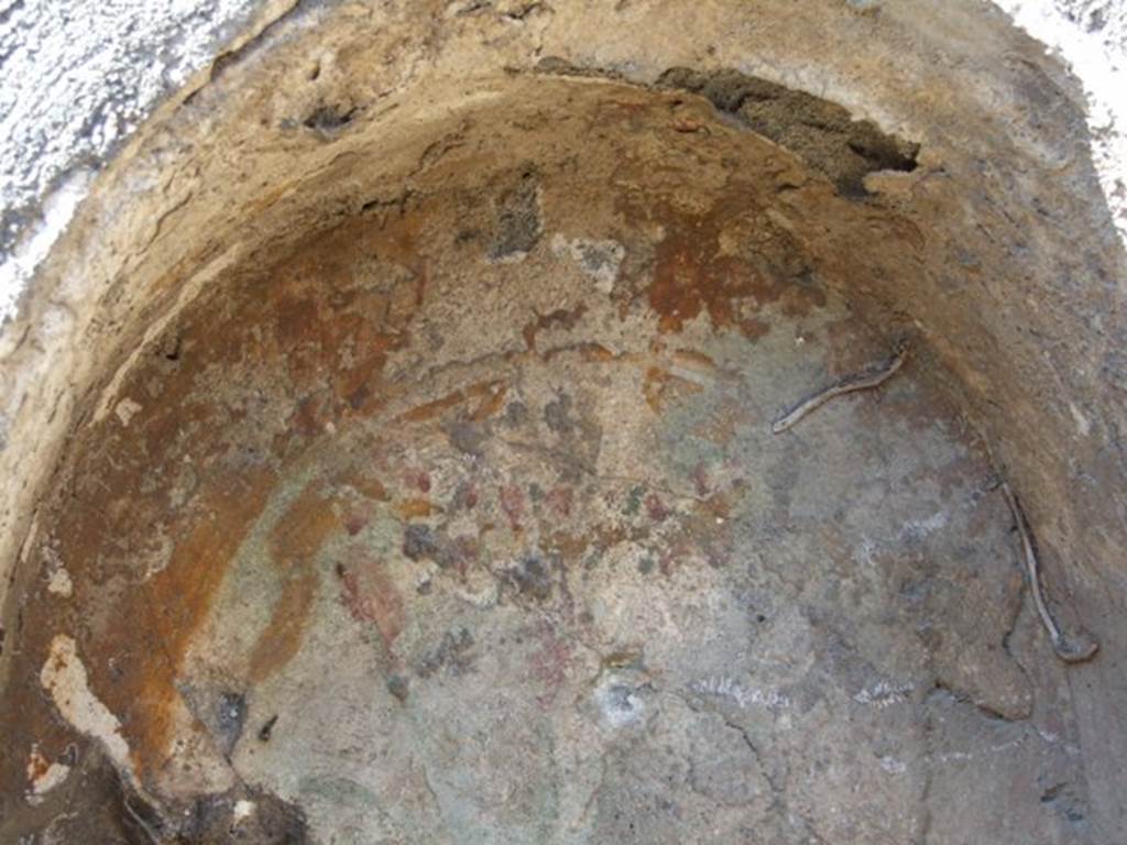 VIII.5.5 Pompeii. March 2009. Room 30, kitchen, detail of niche. According to Boyce, the niche is in the kitchen which is reached through a narrow passage off the south side of the atrium. The arched niche is in the west wall above the hearth. The back wall of the niche was covered with painted plants. Around the outside of the niche on the wall was a stucco border.
See Boyce G. K., 1937. Corpus of the Lararia of Pompeii. Rome: MAAR 14. (p.77, no.368)