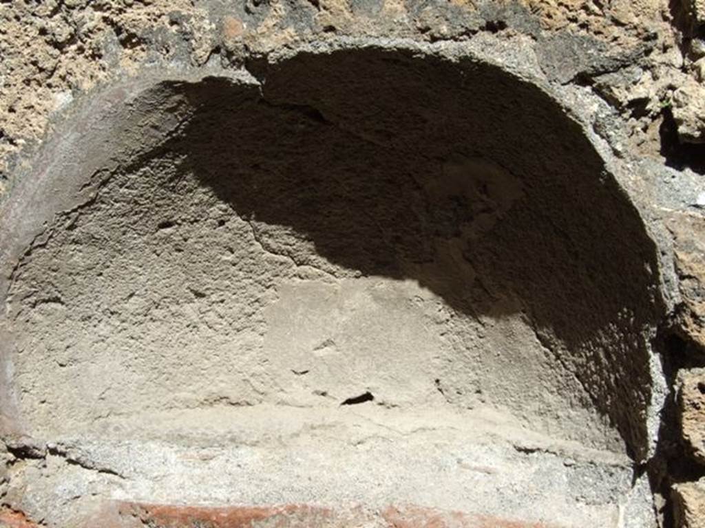 VIII.5.9 Pompeii. March 2009. Room 21, niche in north wall.
According to Boyce –
this arched niche (h.0.45, .0.65, d.0.27, h. above floor 0.90), in the north wall near the hearth, was called a lararium in the reports.
See Boyce G. K., 1937. Corpus of the Lararia of Pompeii. Rome: MAAR 14. (p.77, no.370). 
Boyce gives the references Not. Scavi, 1881, 323; Bull. Inst., 1883, 177.
See Giacobello, F., 2008. Larari Pompeiani: Iconografia e culto dei Lari in ambito domestico. Milano: LED Edizioni, (p.201, no.93).