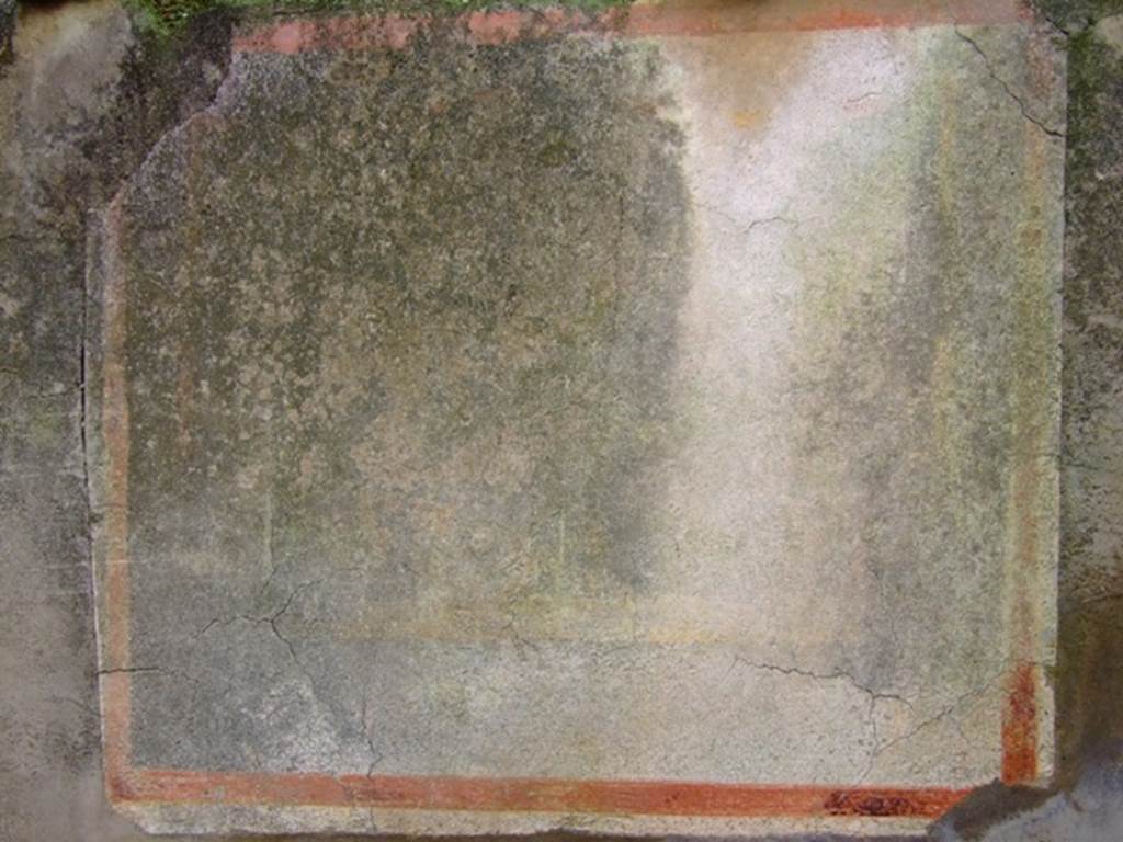 VIII.5.39 Pompeii. March 2009. Room 3, faded lararium painting on south wall of kitchen. On the south wall of the kitchen was a painting of Fortuna, with the usual attributes, a cornucopia, and a rudder resting on a ball.  The Genius and the Lares appear nowhere, and as a lotus blossom was painted on the forehead of the goddess, she was thought to be a form of Isis. See Mau, A., 1907, translated by Kelsey F. W. Pompeii: Its Life and Art. New York: Macmillan, p.341-343. See Fröhlich, T., 1991. Lararien und Fassadenbilder in den Vesuvstädten. Mainz: von Zabern, L97 on page 293 and Taf 46,2. According to Boyce, on the south wall of the kitchen beneath the window was a painting of Isis-Fortuna. This was painted on a rough rectangle of white plaster, bordered in red. The goddess stands, a wreath of leaves upon her head, the lotus flower on her forehead, her dark hair falling over her shoulders. She wears a long yellow chiton and blue mantle.
In her left hand, she held a cornucopia. In her right hand, she held a yellow rudder, the lower end of which rested upon a globe. To the right and left of her, there were large shrubs with red flowers. See Boyce G. K., 1937. Corpus of the Lararia of Pompeii. Rome: MAAR 14. (p.78, no.372)