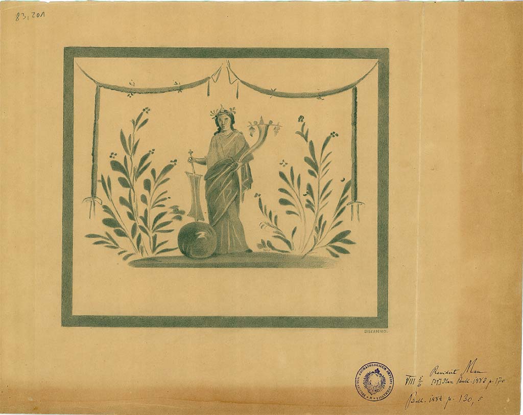 VIII.5.39 Pompeii. Room 3, south wall of kitchen. Drawing by G. Discanno of lararium painting of Isis Fortuna with rudder, globe and cornucopia.
DAIR 83.201. Photo © Deutsches Archäologisches Institut, Abteilung Rom, Arkiv. 
See Fröhlich, T., 1991. Lararien und Fassadenbilder in den Vesuvstädten. Mainz: von Zabern, L97 on page 293 and Taf 46,2.