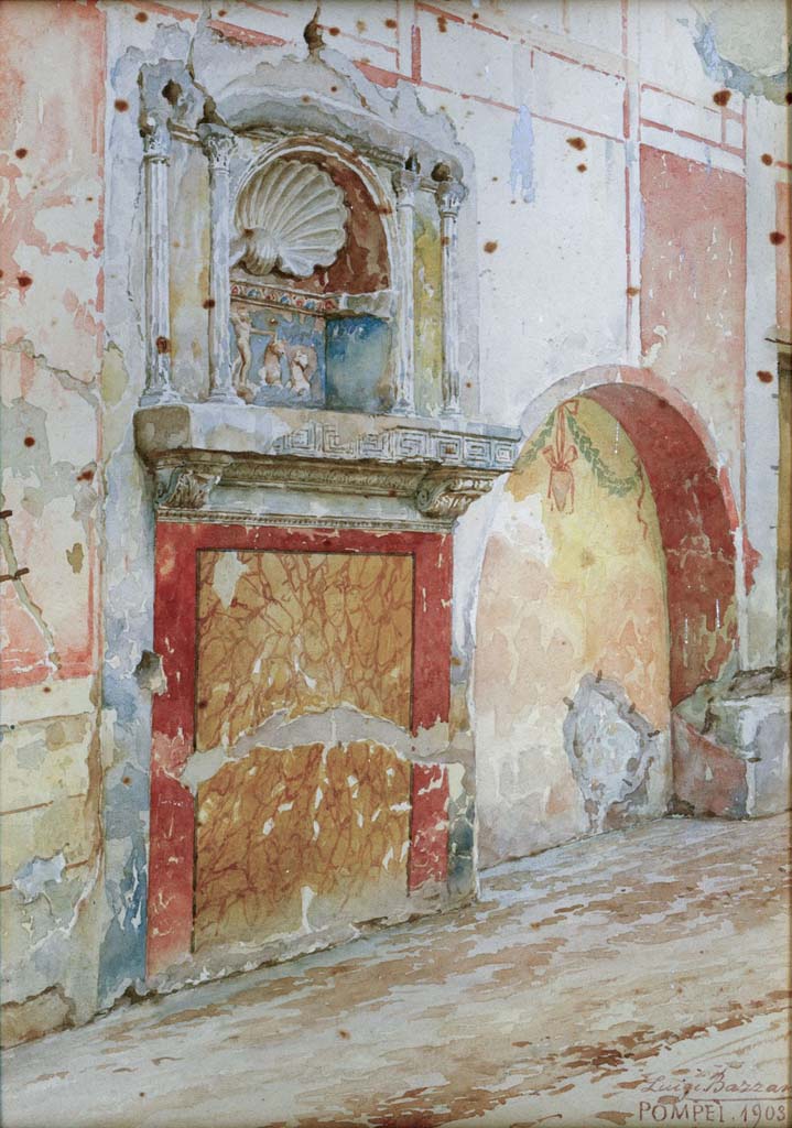 IX.1.7 Pompeii. 1903. Watercolour by Luigi Bazzani.
South wall of atrium, with detail of two of the three recesses.
Now in Naples Archaeological Museum. Inventory Number 139418.