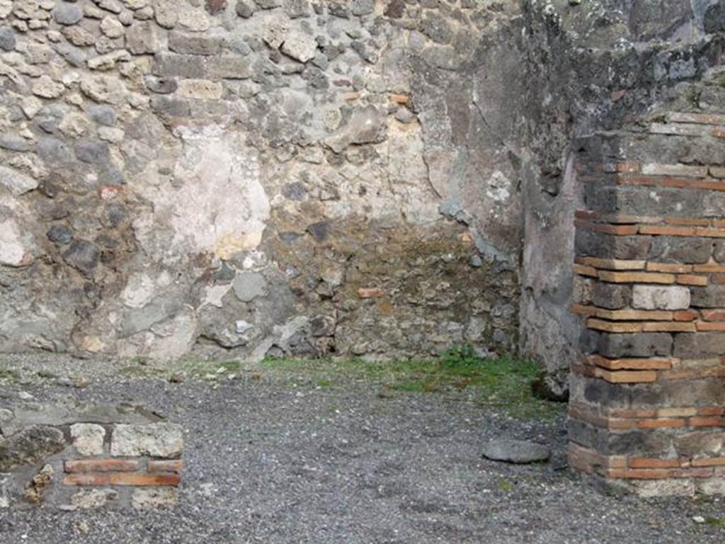 IX.2.6 Pompeii. December 2007. Looking east towards the triclinium?
According to Boyce, in 1937, in a rear room, on the west wall, is a fragmentary panel of white stucco bordered in red.
On this stucco was painted a single red serpent coiling among plants.
See Boyce G. K., 1937. Corpus of the Lararia of Pompeii. Rome: MAAR 14. (p. 80, no. 391). 
(Note: the west wall would appear to be at the rear of the brick wall on the right of this photo.)