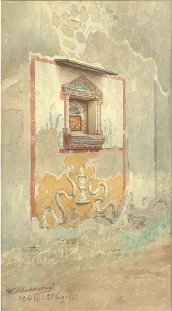 IX.2.21 Pompeii. 22nd July 1902. Room 11, watercolour by Luigi Bazzani of aedicula shrine on south wall.
Now in Naples Archaeological Museum. Inventory number 139419.