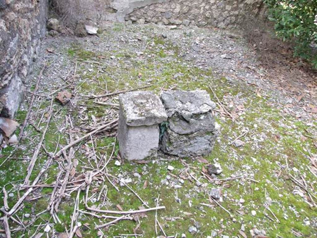 IX.2.21 Pompeii. March 2009. Room 11, south-west corner of garden area.  According to Jashemski: 
“Fiorelli mentions, but does not locate, an altar in the garden.  
Trendelenburg mentions both a statue base and an altar.  Neither are there today”.  
See Jashemski, W. F., 1993. The Gardens of Pompeii, Volume II: Appendices. New York: Caratzas. (p.229).
According to Boyce, “the report in the Bull. Inst. describes a second statue base with altar in the peristyle; Fiorelli mentions only an altar; there is nothing to be seen there today”.
See Boyce G. K., 1937. Corpus of the Lararia of Pompeii. Rome: MAAR 14. (p.81, no.401)
Boyce gave the reference - Bull. Inst., 1871, 193.